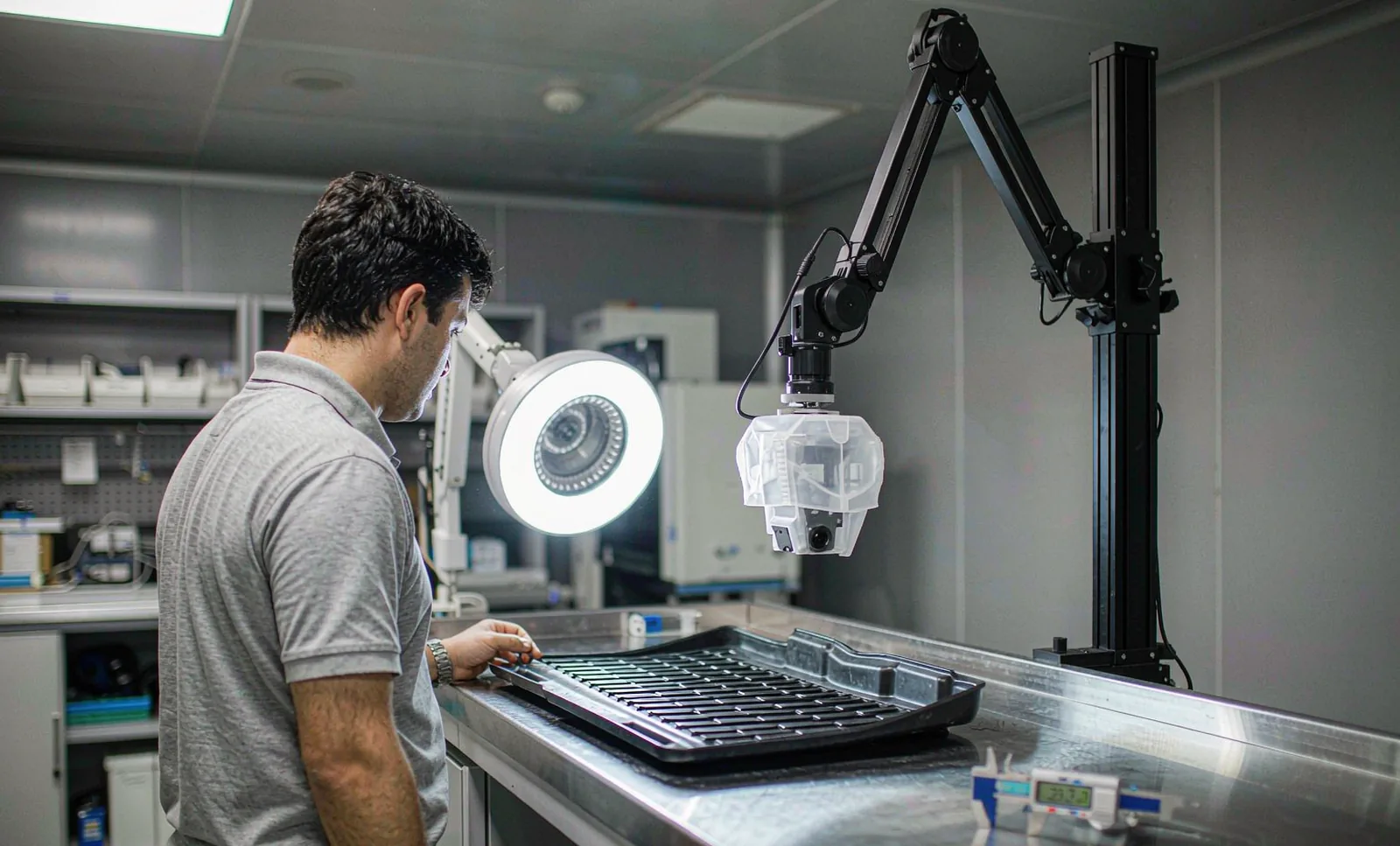 Quality engineer inspecting a molded floor liner under an inspection lamp in a parts lab